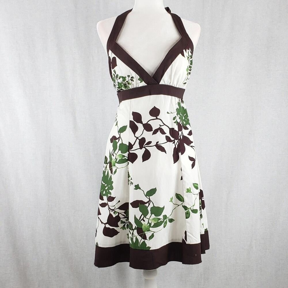 Speechless Halter Dress Women 11 Leaf Pattern White Brown Green A-line NWT